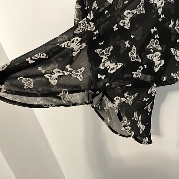 CANDIE'S Black White Butterfly Print Sheer Short Sleeve Cold Shoulder Y2K Blouse - Picture 8 of 10